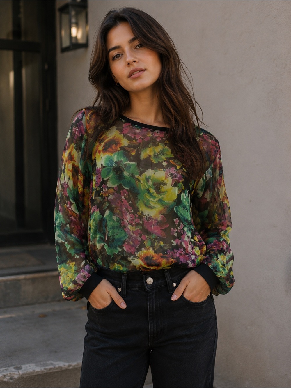 Kut From Kloth Sheer Vibrant Floral Print Long Sleeve Top Medium